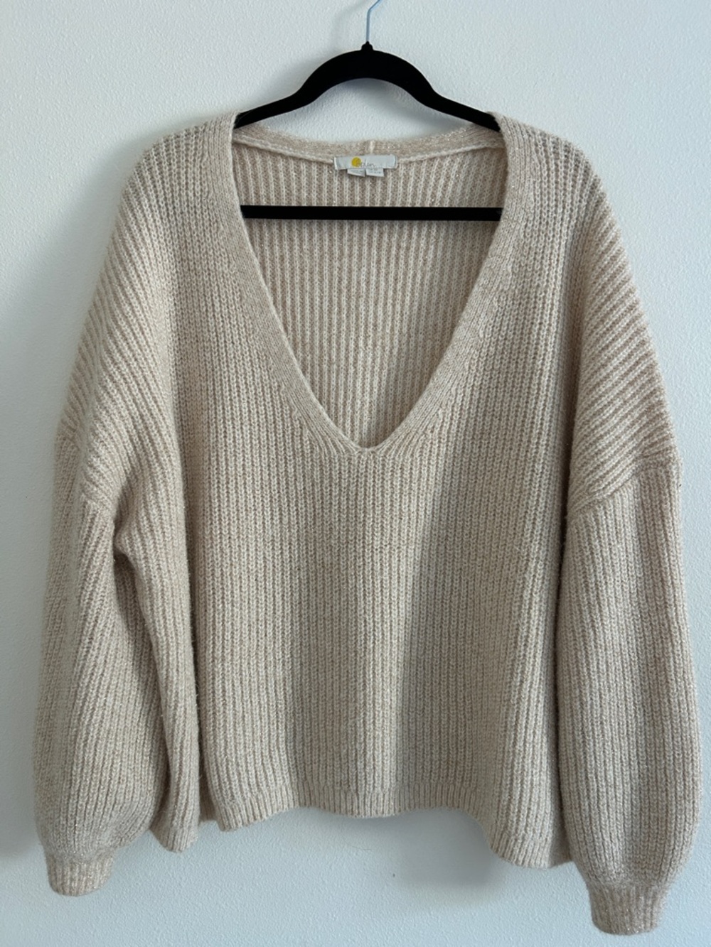 Boden Sweater Cream Gold Metallic Alpaca Blend V Neck Balloon Sleeve Size 16/18